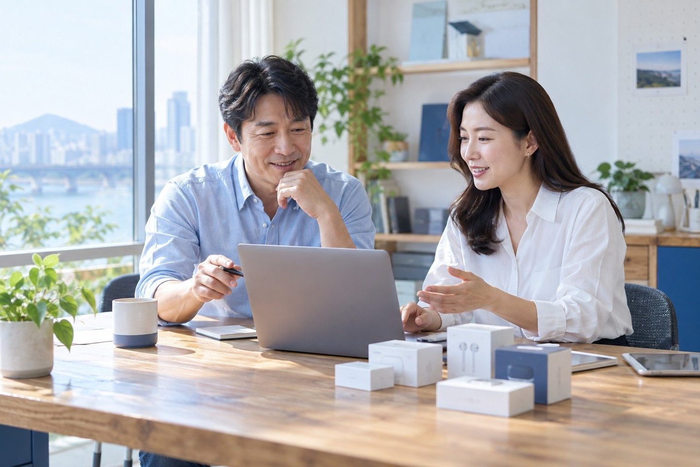 나란히 앉아 서류의 항목을 확인하는 두 사람 — PG사 수수료 구성 구성을 나눠 보면 협의할 수 있는 부분이 따로 있습니다. 연락 주시면 한 줄씩 풀어 드립니다.