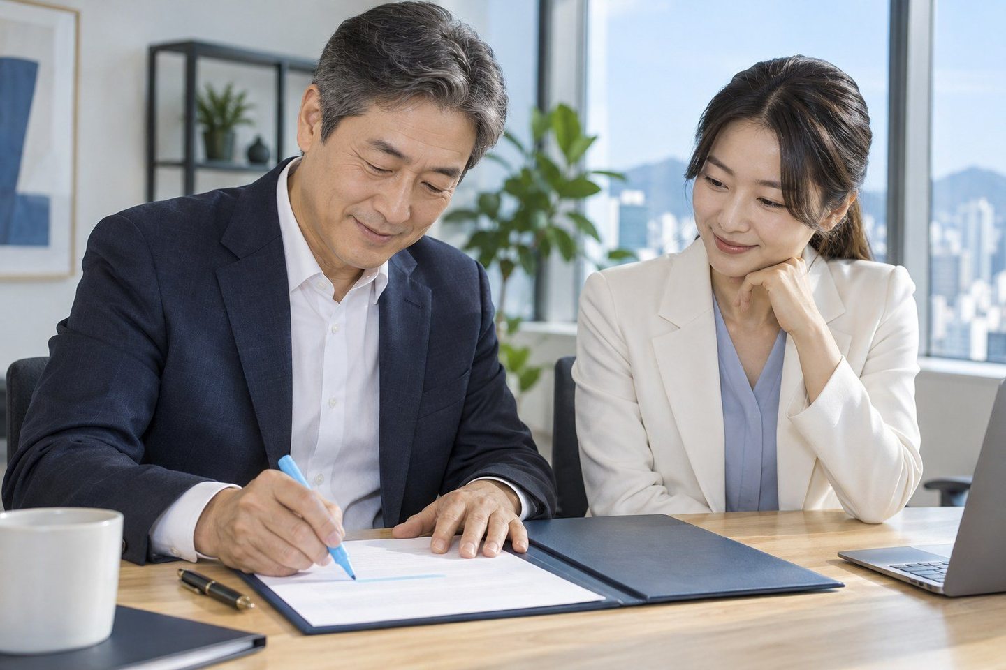 서류에 표시된 내용을 함께 읽는 두 사람 — PG사 수수료 요율의 작은 차이가, 매달 남는 돈을 바꿉니다.