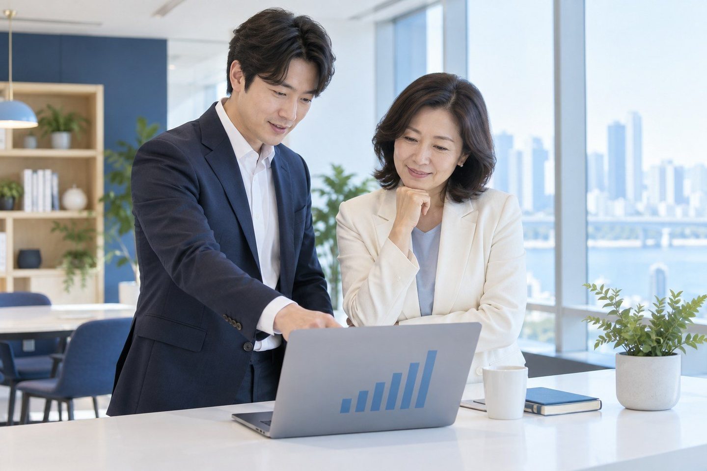 노트북 화면을 가리키며 계약을 설명하는 두 사람 — PG사 수수료 업종별 업종별로 달라지는 곳은 생각보다 정해져 있습니다. 연락 주시면 업종에 맞춰 풀어 드립니다.