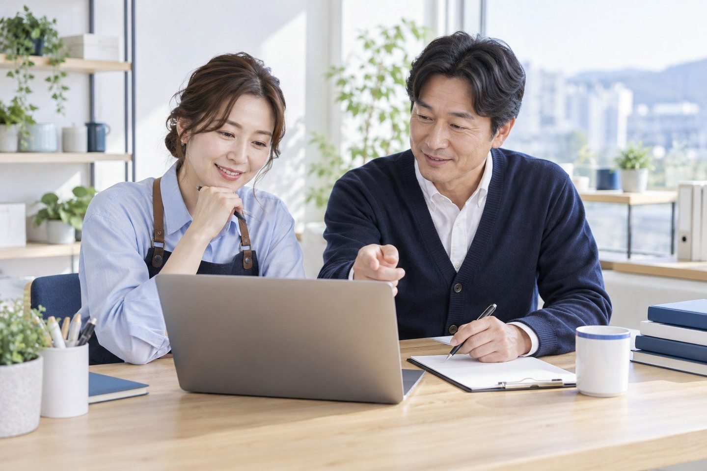 서류를 펼치고 조건을 함께 확인하는 두 사람 — PG사 수수료 정산과 조건, 필요한 내용부터 함께 살펴봅니다.